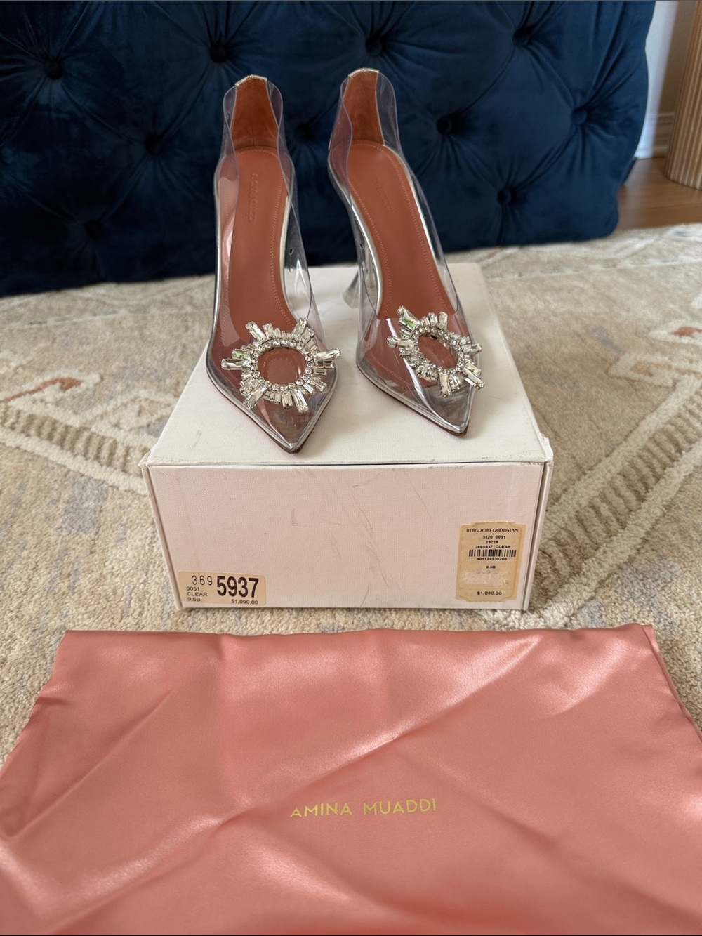 Amina Muaddi Crystal-Embellished Clear Pump